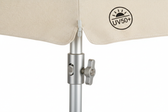 Detalle de la tela UV50+ y mecanismo de ajuste del parasol