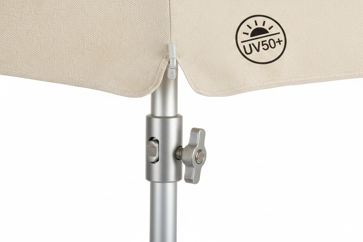Detalle de la tela UV50+ y mecanismo de ajuste del parasol